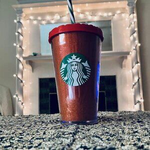 Starbucks- 2016 Holiday 16oz Red Glitter Cup with Green and White Straw EUC!!!